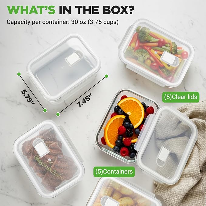 NutriChef 10-Piece Superior Glass Food Storage Containers Set (5 Containers + 5 Locking Lids),Stackable Meal-prep Design, BPA-free Airtight Clear Locking lids with Vent Lids & Air Hole, NCCLX5