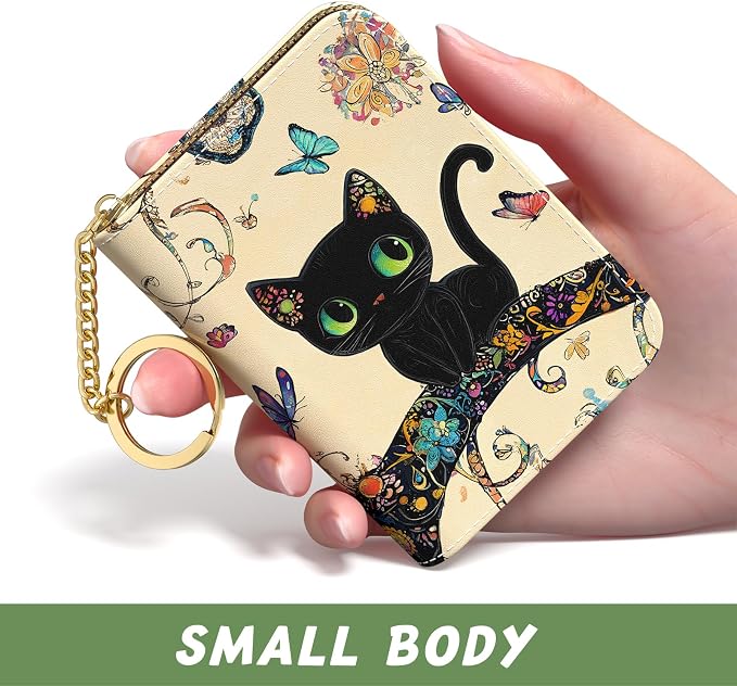 Aiawoxc Credit Card Holder, Small RFID Wallet Slim Leather Card Organizer Case with Zipper and Keychain, Cute Cat