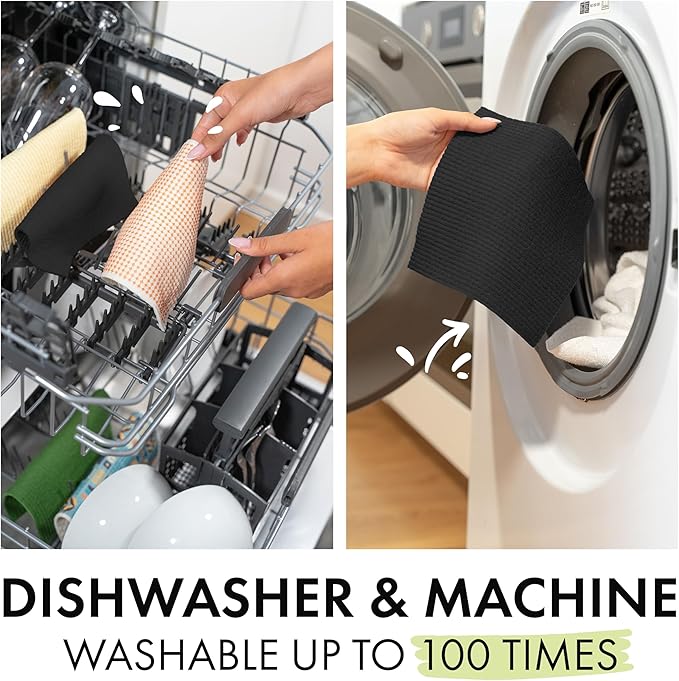 SUPERSCANDI 5 Pack Swedish Dishcloths for Kitchen - 100% Biodegradable & Compostable | Reusable Paper Towels Washable, Food-Safe & Without Plastic - Dish Rags Suitable for Any Surface | Premium, Black