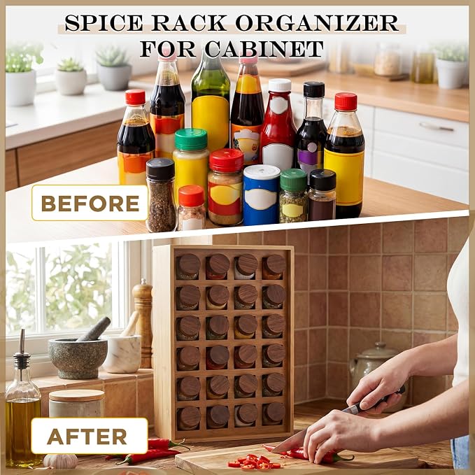 Novabright 24 Grids Bamboo Spice Rack Organizer, Wooden Spice Rack Wall Mount with Square Compartments, Wood Hanging Shelf for 4 oz Glass Jar Drawer Cabinet Kitchen Countertop Wall, Jars Not Included
