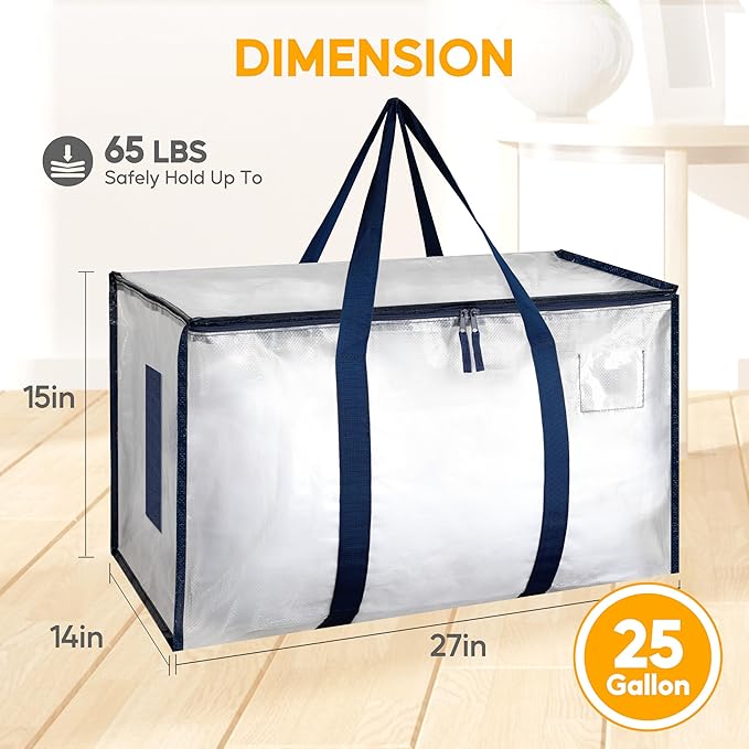 HealSmart 8 Pack Large Moving Bags with Zippers & Handles, Moving Supplies with lids, Heavy Duty Totes for Space Saving, Fold Flat, Moving and Storing, Clear