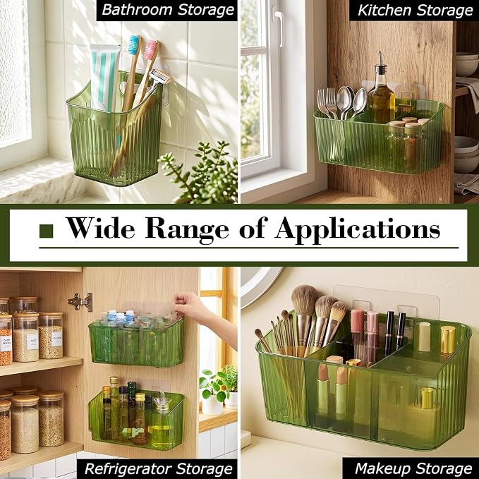 14 Pack Cabinet Door Organizer Adhesive Wall Mount Storage Bins Makeup Containers Stackable Organizer Basket for Kitchen Cabinets, Bathroom, Pantry, Office, Refrigerator (Frosted Green)