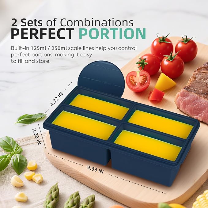 Silicone Freezer Molds for Soup with Lid - 1 Cup Capacity Soup Freezer Container, Large Ice Cube Mold - With Reinforced Steel Ring Top Lid, Oven and Dishwasher Safe, Meal Prep & Food Storage - 2-Pack
