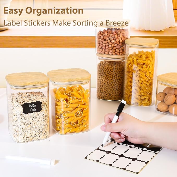 TBWIND 37oz(1.2Qt) Square Glass Storage Containers with Bamboo Lids – 4 Pack Clear Food Airtight Glass Jars for Pantry Organizers and Storage, Kitchen Dry Food, Coffee, Sugar, Flour, Snacks, Spices