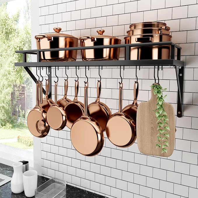 KES 30-Inch Kitchen Pan Pot Rack Wall Mounted, Hanging Storage Organizer | 88 Lbs Capacity, Wall Shelf with 12 Sturdy Hooks, 16-Inch Stud Mount, Matte Black, KUR215S75A-BK