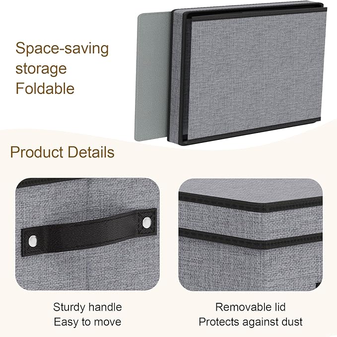 Fabric Storage Bin with Lid, 7.1 x 9.1 x 13 Inch Foldable Storage Box for Shelves with Handles, Decorative Linen Closet Organizer, Gray, 1-Pack
