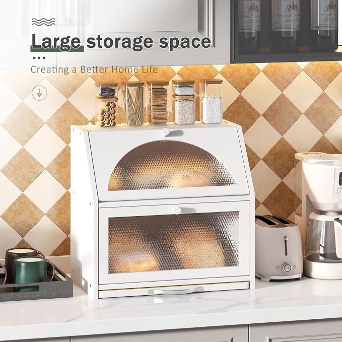 STDDRE Bamboo Bread Box with Cutting Board, Double Layer Extra Large Bread Storage Bin with Door Panel for Kitchen Counter (White)