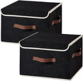 2PCS Collapsible Storage Boxes Baskets with Lid Cotton Linen Fabric Storage Bins with Faux Leather Handles Washable Cube Organizer Container for Home Closet Bedroom (Black, Large Size)