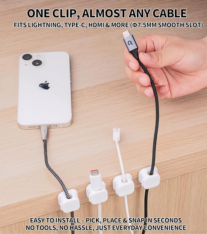 12 Pack Self-Adhesive Magnetic Cable Clips, Under Desk Cable Management Holder for Home Office, Nightstand, Car, Wall, Desktop – Cord Organizer with Residue-Free Removal