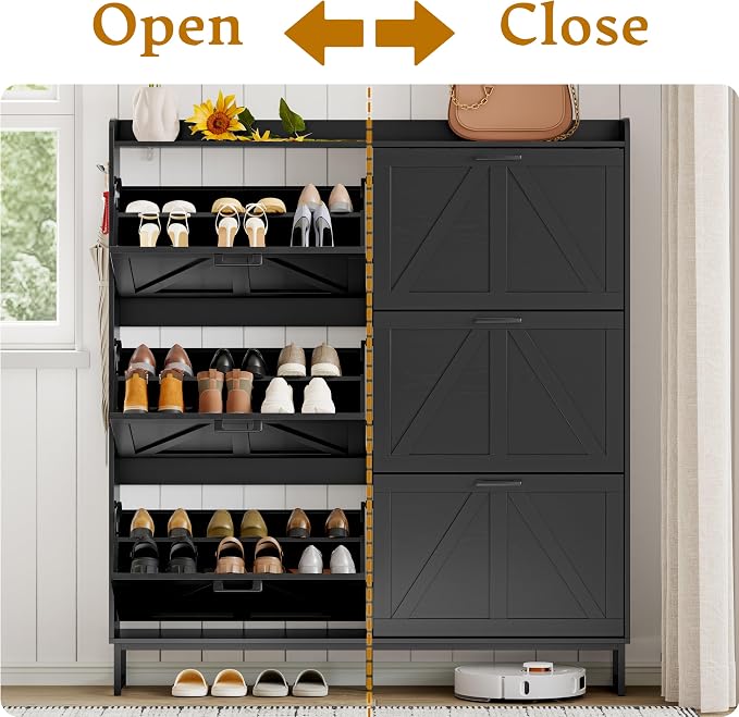 Wodeer Shoe Cabinet Storage for Entryway, Shoe Storage Cabinet with 6 Flip Drawers, Freestanding Narrow Shoe Rack Organizer with Metal Legs, Adjustable Shelves & Open Storage for Foyer, Hallway, Black