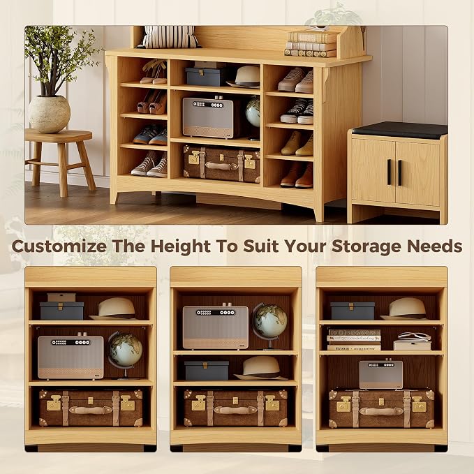IRONCK 80" H 47" W Large Hall Tree with Bench and Shoe Storage, 6-in-1 Entryway Bench with Coat Rack, Adjustable Shelf, Hanging Hooks, 11 Shoe Cubbies, 2-Tier Top Storage for Entryway and Bedroom, Oak