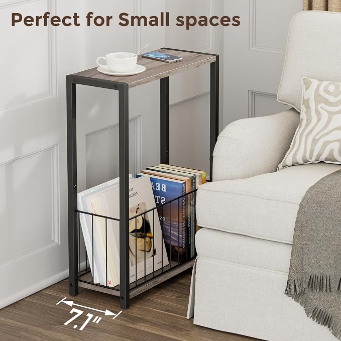 Homleke Narrow Side Tables Set of 2 with Magazine Holder, Skinny End Tables | Space-Saving Design, Small Spaces, Storage Shelf, Metal Frame, Easy Assembly, 7.1" D x 16.9" W x 23.6" H, Greige