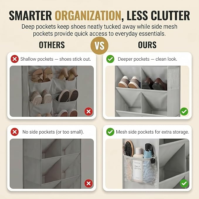 HOMELUX THEORY 8 Tier Hanging Shoe Organizer for Closet, Over the Door Shoe Organizer with Deep 120D Extra Thick Pockets, Shoe Rack for Closet & Entryway, with 6 Side Pockets for Boots (Light Gray)