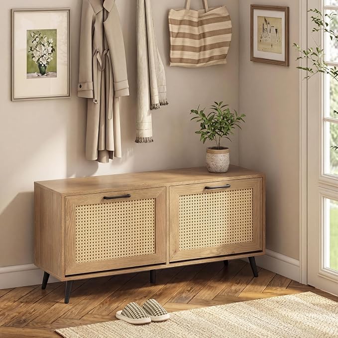 GOFLAME Rattan Shoe Storage Cabinet with 2 Flip Drawers, Hidden Shoe Storage Organizer with Adjustable Shelves and Metal Legs, Freestanding Boho Narrow Shoe Rack for Entryway and Living Room