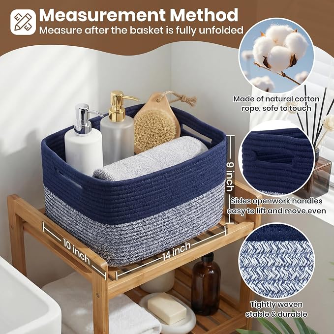 Storage Baskets for Organizing, 14 x 10 x 9” Closet Shelf Woven Baskets, Square Bins with Handles, Cotton Rope Basket for Clothes, Office, Room, Grey+Blue 3 Pack