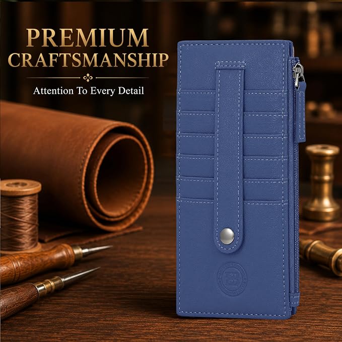 Leatherboss Genuine Leather Women's All in One Credit Business Card Case Holder Slim Zipper Wallet With a Card Protection Strap, Royal Blue