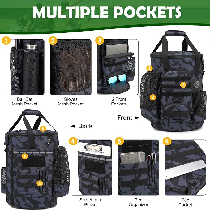 Baseball Bucket Bag, Softball Coaches Bags Fit 6 Gallon Buket | Baseball Coaching Accessories Organizer with Anti-Slip Bottom & Multiple Pockets for Bat, Gloves, Scoreboards