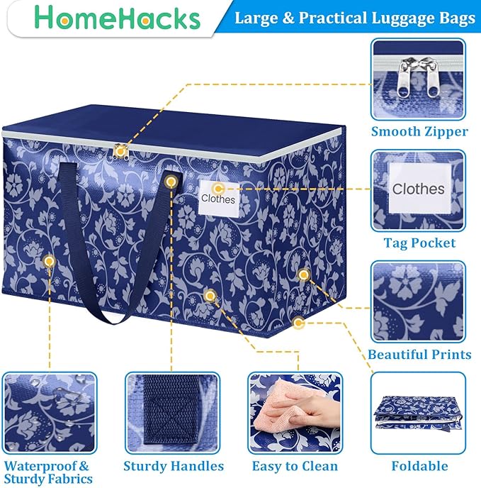 HomeHacks Moving Bags, Extra Large Size Moving Boxes, Heavy Duty Luggage Bags with Smooth Zipper and Sturdy Handles, Large Capacity & Easy Loading Storage Totes for Space Saver 100L, 8-Pack, Blue