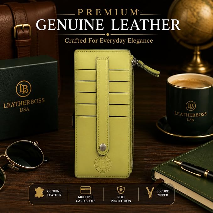 Leatherboss Genuine Leather Women's All in One Credit Business Card Case Holder Slim Zipper Wallet With a Card Protection Strap, Lemon