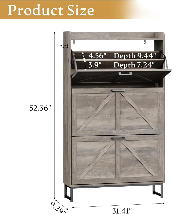 Wodeer Shoe Cabinet Storage for Entryway, Shoe Storage Cabinet with 3 Flip Drawers, Freestanding Narrow Shoe Rack Organizer with Metal Legs & Side Hook for Foyer, Hallway, Grey