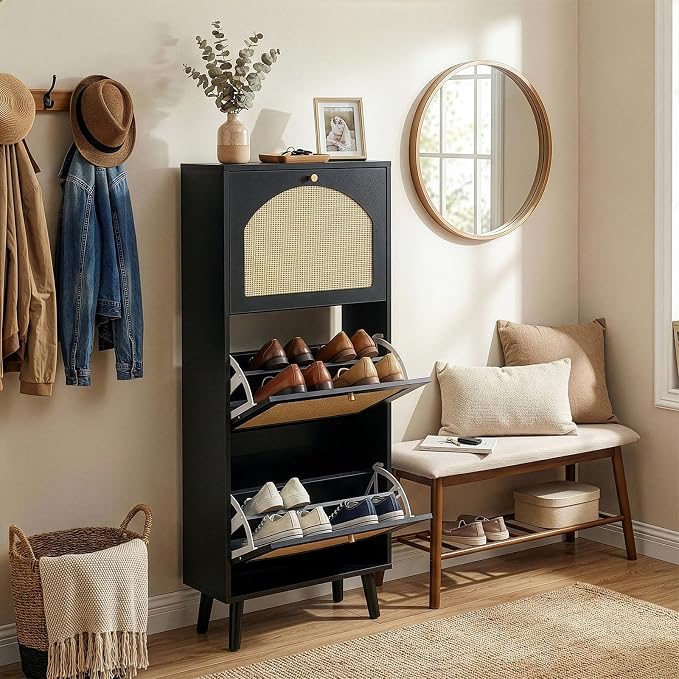 Karl home Black Rattan Shoe Cabinet, 3-Tilt-Out Entryway Storage Organizer | Hidden Shoe Rack with 3 Tilt-Out Compartments for Heels, Slippers and Casual Shoes, Space Saving Entryway Furniture