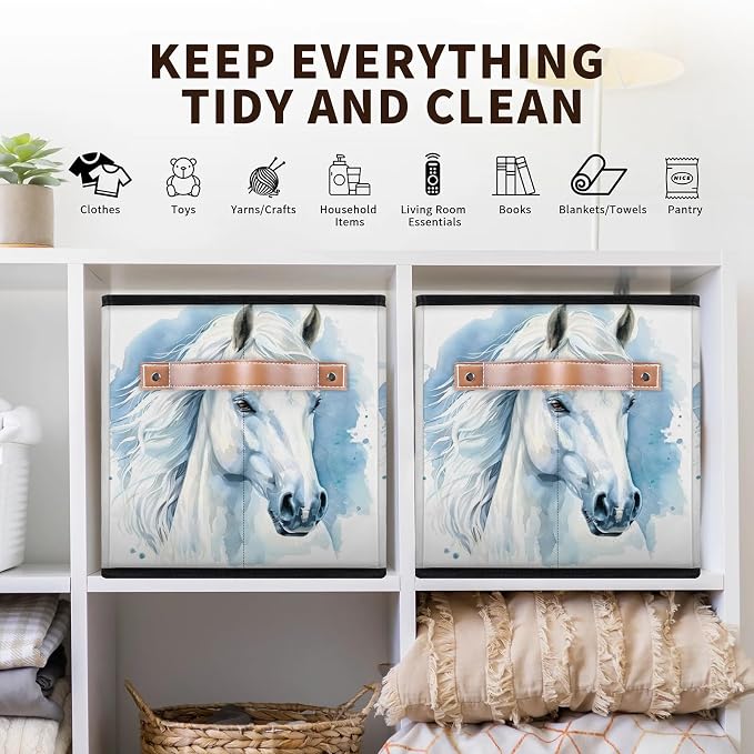 Horse Closet Storage Bin, Foldable Storage Baskets for Shelves, Decorative Shelf Organizer Horse Animal Fabric Cube Bin for Living Room Bedroom Home Dorm