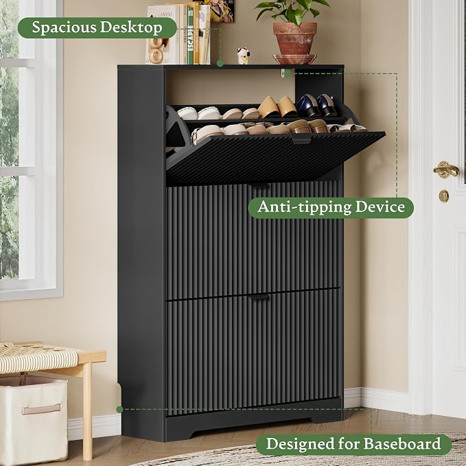 Xixini Shoe Storage Cabinet for Entryway with 3 Flip Drawers, Hidden Slim Wood Shoe Organizer with Modern Fluted Panel, Freestanding Narrow Shoe Rack for Front Door Entrance, Hallway, Foyer, Black