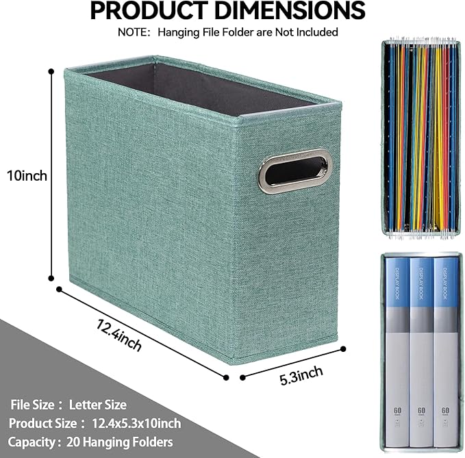 2 Pack Letter Size File Storage Box Collapsible，Fabric Hanging File Folders Organizer, Portable Office Document Holder with Metal Handle, Smooth PVC Rails, Green