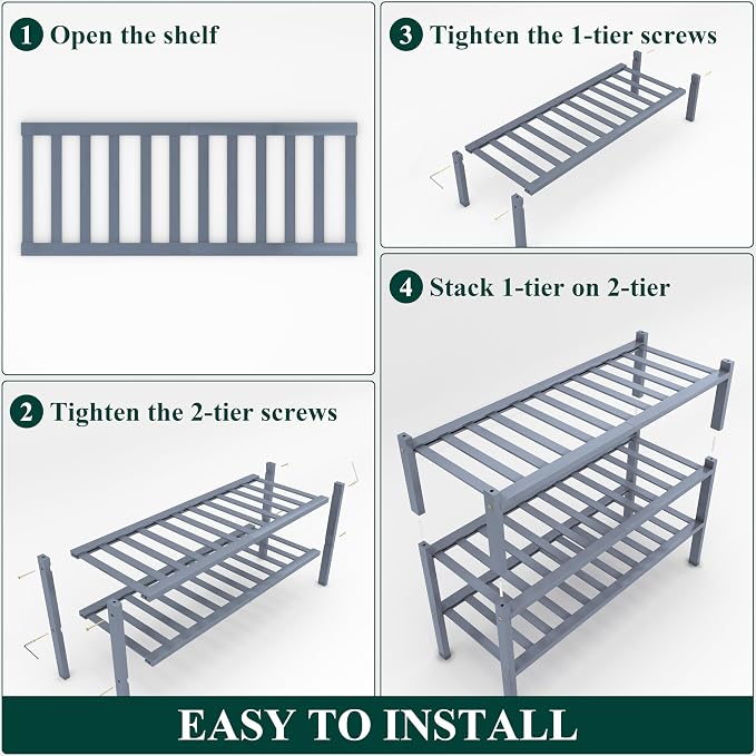 Smiry Bamboo Shoe Rack, 3 Tier Free Standing Wooden Shoe Organizer, Stackable Wood Shoe Storage Shelf for Closet, Entryway, 14 Vertical Slats, 2+1 Stack Heavy-Duty Legs, 26.8"x11"x19.5", Grey