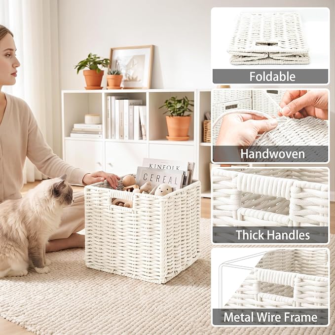Cotton Rope Cube Storage Basket, 11 Inch Foldable Cubby Organizer Bins with Handles, Handwoven Square Basket for Organizing, Cube Closet Storage Bins for Shelves, Home Decor (White)