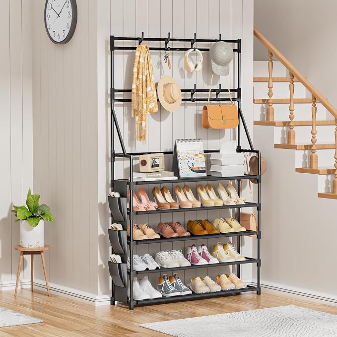 OYREL Shoe Rack, 5 Tier Shoes Storage Organizer with Hooks and Side Pocket | 20-25 Pairs, for Closet/Entrance/Entryway, Stackable & Detachable Closet Organizers and Storage Free Standing Shoe Rack