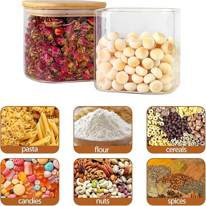 6pcs Glass Food Storage Containers with Bamboo Lids, 0.6qt Glass Jars | Square Airtight Pantry Storage Jars for Flour, Sugar, Dry Goods