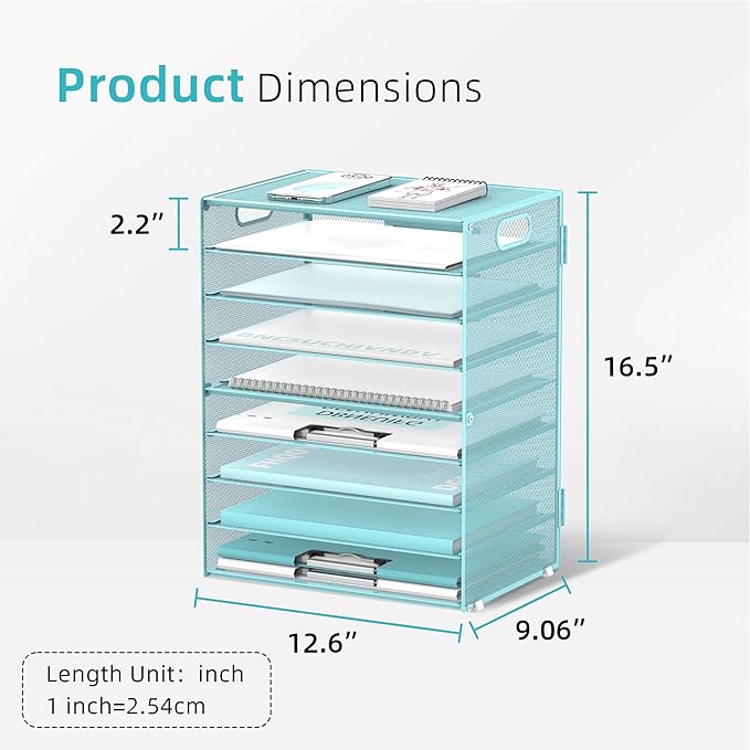 DALTACK 9-Tier Paper Organizer for Desk, Mesh Letter Tray Desk Organizer with Handles, Space-Saving File Organizer for Office Home School, Blue