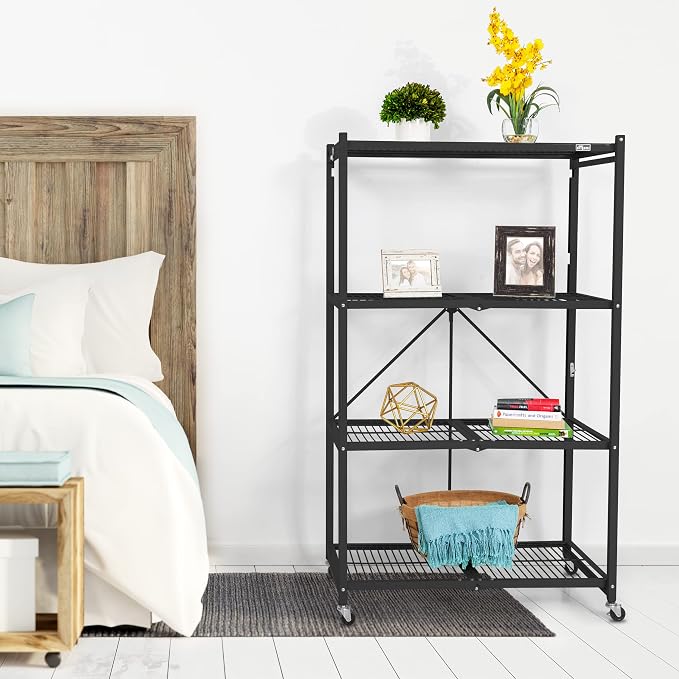 Origami R5 4-Shelf Heavy-Duty Folding Storage Rack, Black – Large Foldable Metal Shelving Unit with Wheels for Garage, Pantry, Basement, Laundry Room or Warehouse