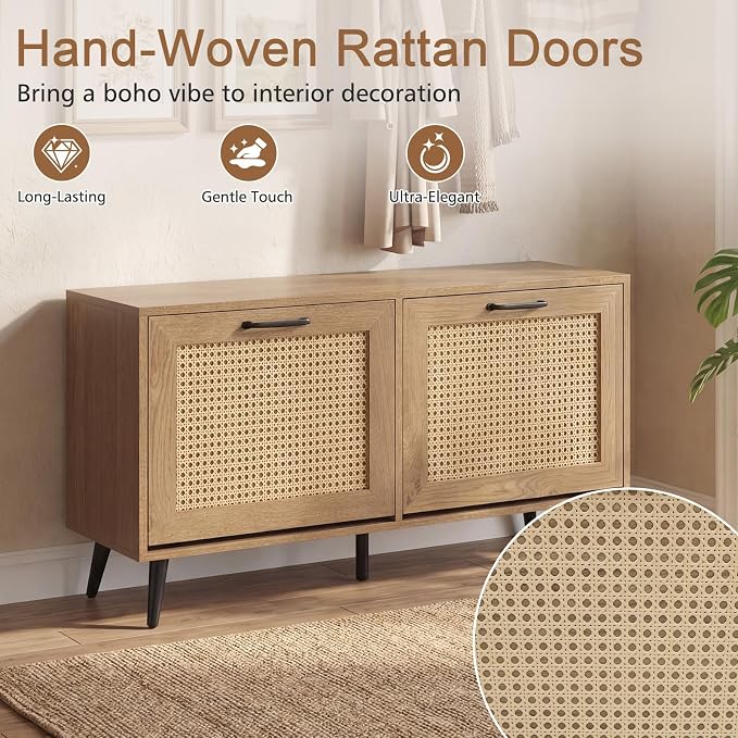 GOFLAME Rattan Shoe Storage Cabinet with 2 Flip Drawers, Hidden Shoe Storage Organizer with Adjustable Shelves and Metal Legs, Freestanding Boho Narrow Shoe Rack for Entryway and Living Room