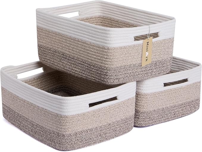 MiniArk Large Storage Baskets for Organizing, 17 x 13 x 7.5” Closet Shelf Baskets for Clothes Blanket Towels, Baby Nursery, Toy Bins Box, Woven Rope Basket, 3 Packs Gradient Brown