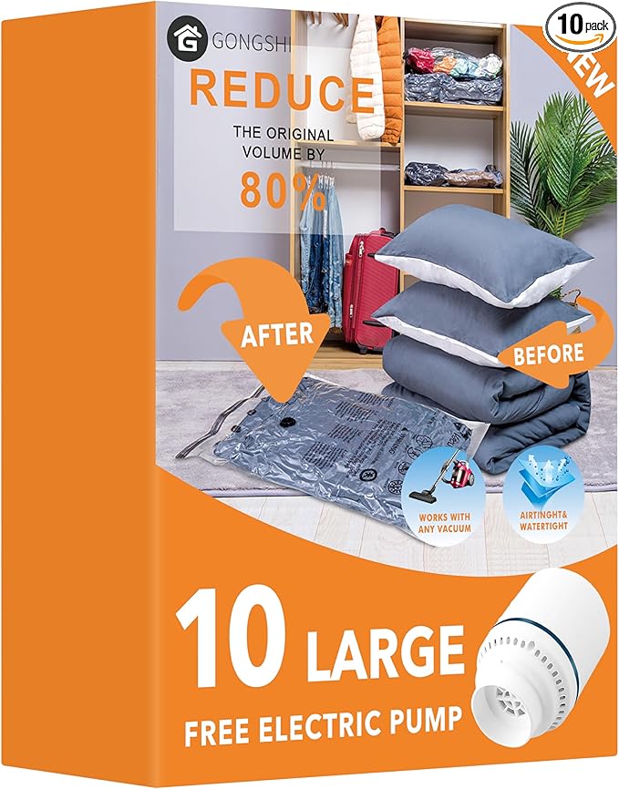 GONGSHI Vacuum Seal Bags for Clothing Travel & Home Storage, Travel Vacuum Bags with Pump,Space Saver for Blankets, Comforters, Pillows, Clothes,10 Large with Electric Pump