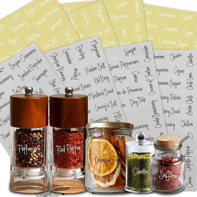 268 Clear Seasoning Jar Labels, Preprinted Kitchen Pantry Organization Labels for Spice Herbs Food Containers Jar Bottle Rack Waterproof Black White Script Sticker Set (4 Black+4 White)