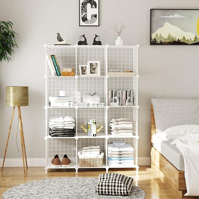 AWTATOS Wire Cube Storage, Closet Organizer, 12 Cube Storage Shelf, White | Metal Cube Storage Shelves Bookshelf, Portable Closet Clothes Organizer, Wire Shelving for Bedroom, Home, Office