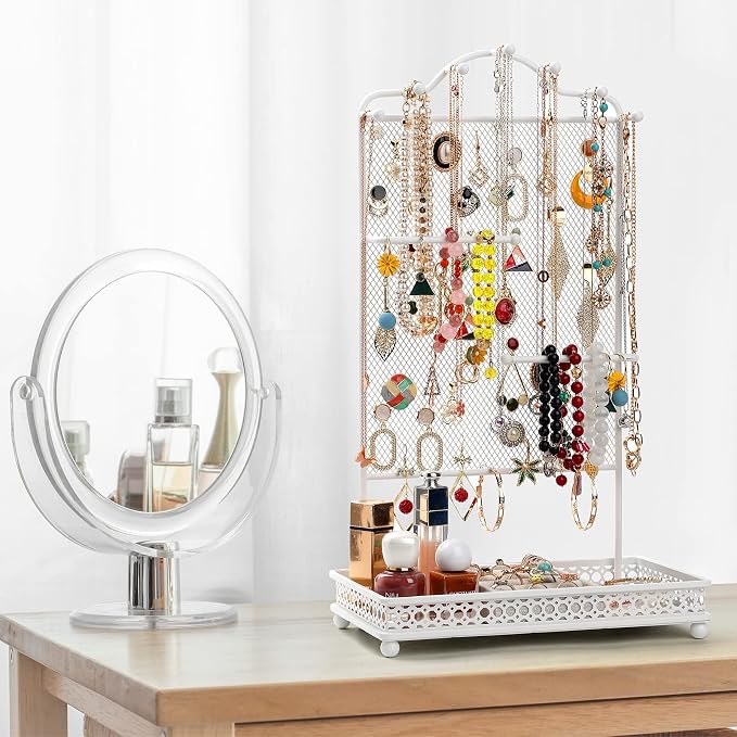 Meangood Jewelry Organizer Stand, Earring Holder Rack for Hanging Earrings Necklace Bracelets Watches Jewelry Display Large Rings Storage as Women Gift (White)