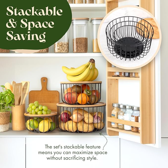 Fruit Basket for Kitchen Counter Set of 3 - Large Stackable Baskets with Bamboo Lid - Fruit Bowl, Perfect Holder For Fruits and Vegetable Storage -Keep Your Countertop Classy, Tidy and Slightly Fruity