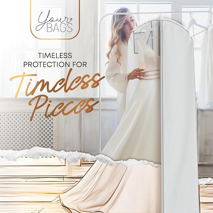 Your Bags 72” Wedding Dress Garment Bag with 20" Gusset & ID Window - Extra Large Bridal Garment Bags for Travel - Breathable, Foldable Dress Bag for Puffy Dresses, Prom & Formal Wear (White/Grey)