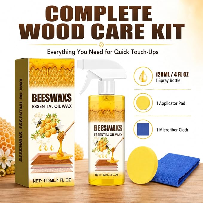 Beeswax Wood Polish Spray, Beeswax Essential Oil Wax, Deep Restore Furniture Cleaner for Cabinets, Hardwood Floors, Tables & All Wood Surfaces, Non-Greasy Formula (1)
