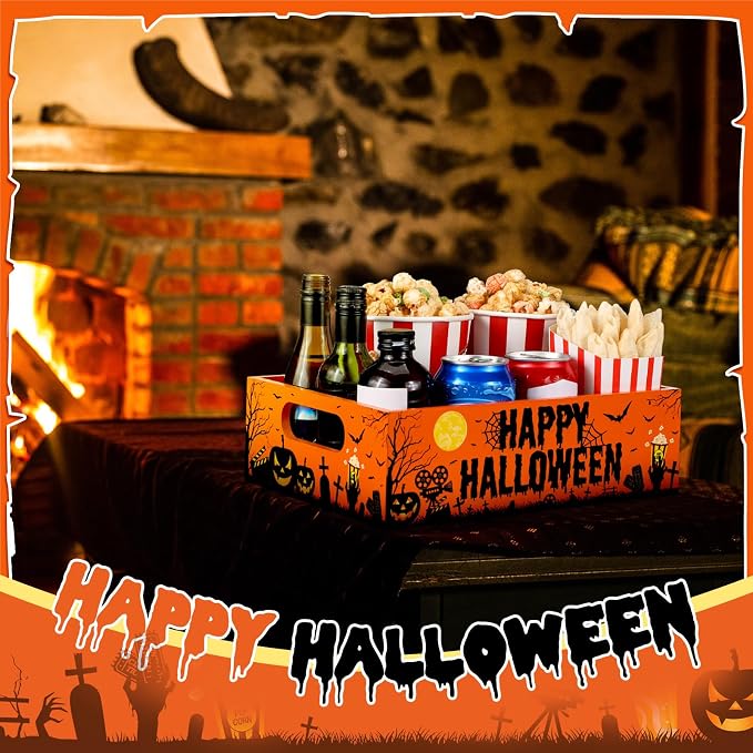 Movie Night Supplies Snack Trays with Handles Reusable Wooden Movie Gift Basket for Theater Popcorn Bucket Bowl Box Container Family Room Decor(Halloween Style)