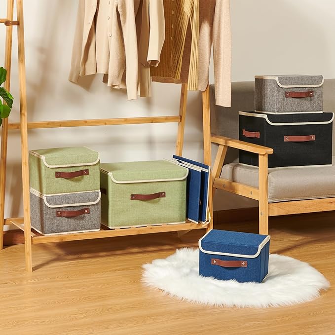 2PCS Storage Boxes with Lid Cotton Linen Fabric Storage Bins Organizer Container Decorative Collapsible Washable Shelf Closet Baskets Faux Leather Handles Home Bedroom (Black, Small Size)