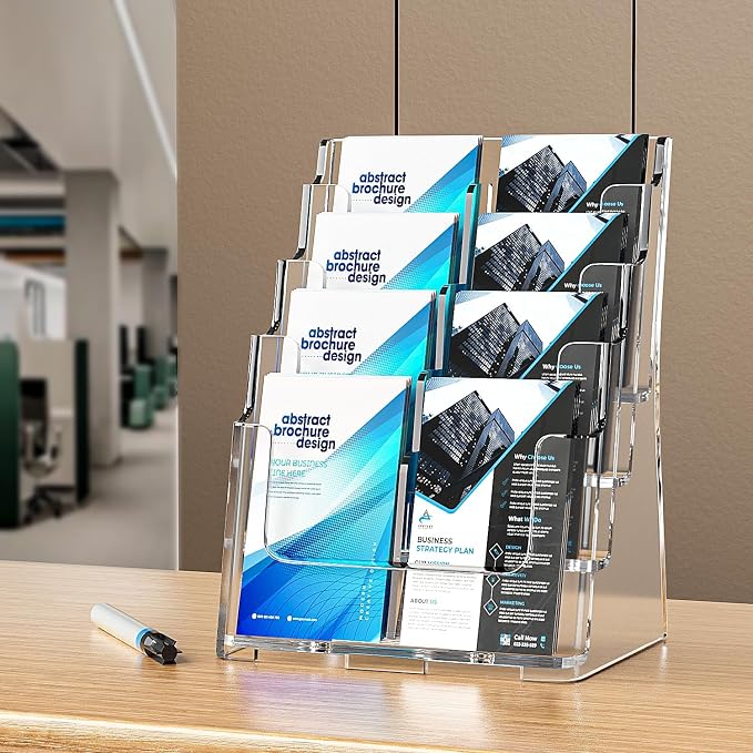 FUCDTEFC 2 Pack Acrylic Brochure Holder 8.5x11 & 4 x9 Inches, Clear 4 Tier Magazine Holder Brochure Display Stand w Removable Divider, Literature Pamphlet Flyer Holder for Wall Mount or Countertop