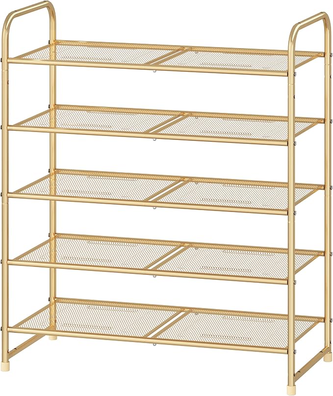 Simple Trending 5-Tier Stackable Shoe Rack, Expandable & Adjustable Shoe Shelf Storage Organizer, Metal Mesh, Gold