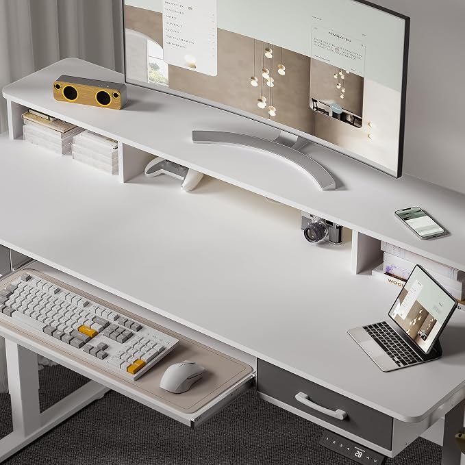 WALKINGDESK 55 Inches Electric Standing Desk with Keyboard Tray, Height Adjustable Sit to Stand Table with 2 Drawers, Ergonomic Home Office Desk with Storage Shelf, Computer Table, White