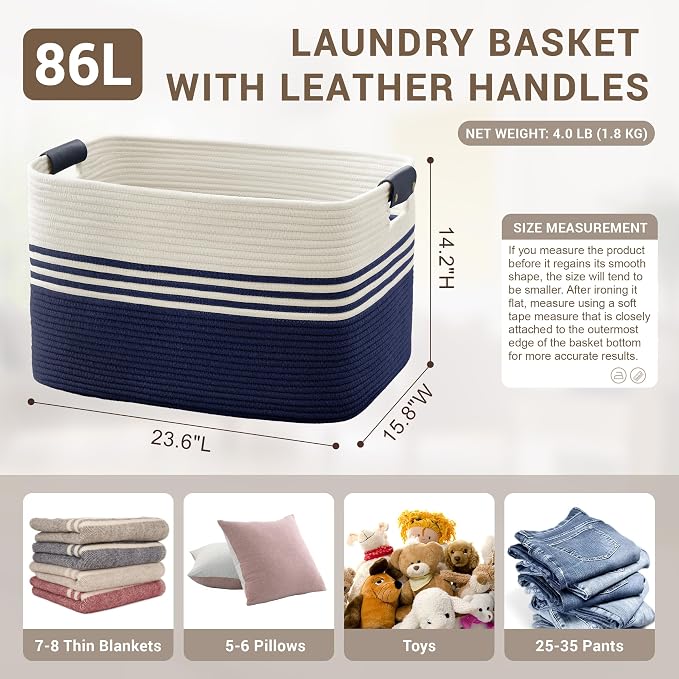 86L Large Woven Laundry Basket Hamper with Leather Handles,Navy | 24"x16"x14", collapsible wicker hamper, storage for dirty clothes, toys, blankets, gifts, living room, bedroom, bathroom