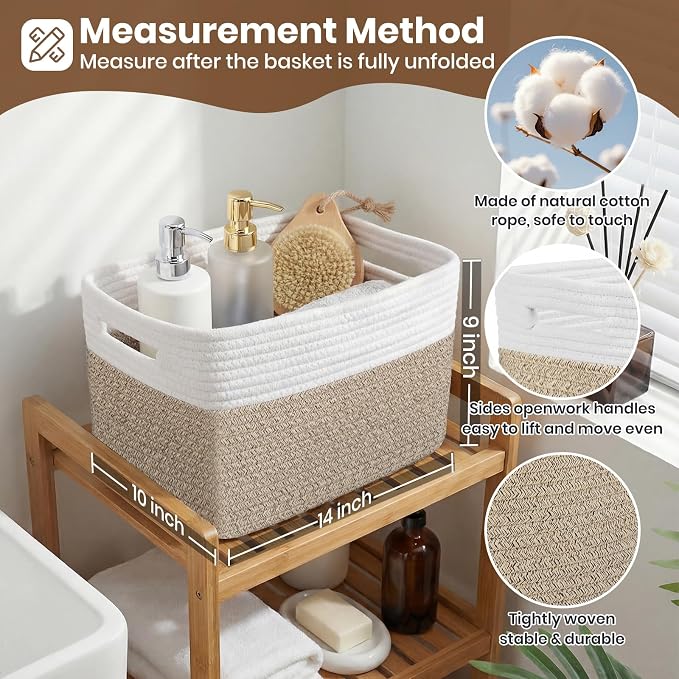 Storage Baskets for Organizing, 14 x 10 x 9” Closet Shelf Woven Baskets, Square Bins with Handles, Cotton Rope Basket for Clothes, Office, Room, White+Rice Brown 3 Pack